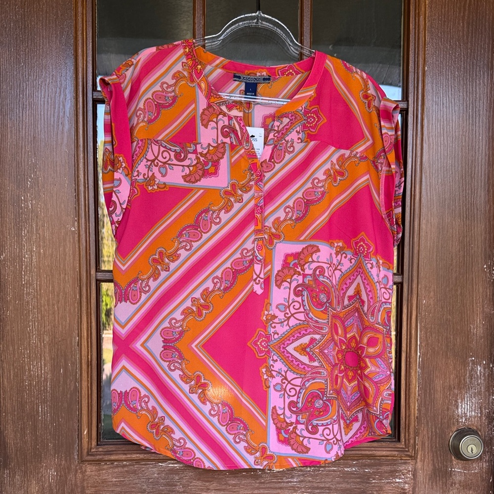 Bandolino Pink and Orange Paisley Short Sleeve Blouse